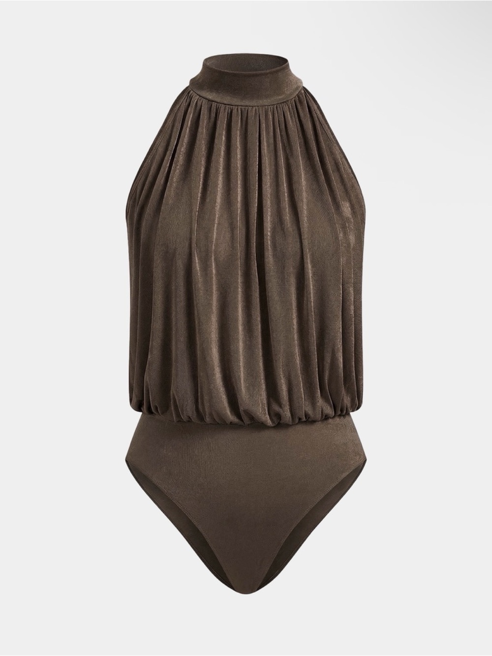 Commense Dark Brown Mock Neck Sleeveless Ruched Bodysuit
